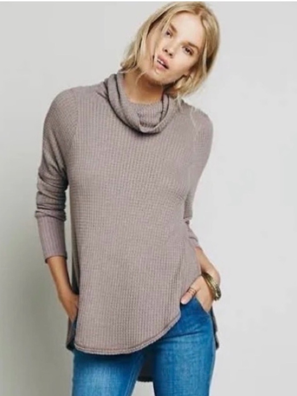 Free People Kristina Drippy Striped Thermal Waffle knit Long Sleeve Cowlneck Top